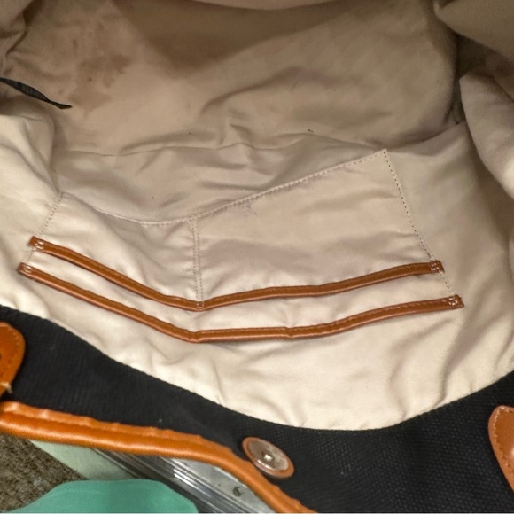 Lauren Ralph Lauren Black White Striped Canvas Tote Bag, Tan Base, Leather Trim - Picture 11 of 13